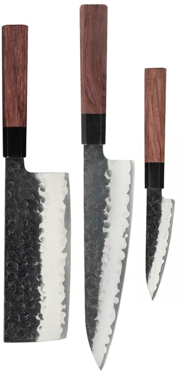 Shinrai Knives - Kurayami 3-delige Damascus Messenset - Koksmes + Nakiri + Schilmes