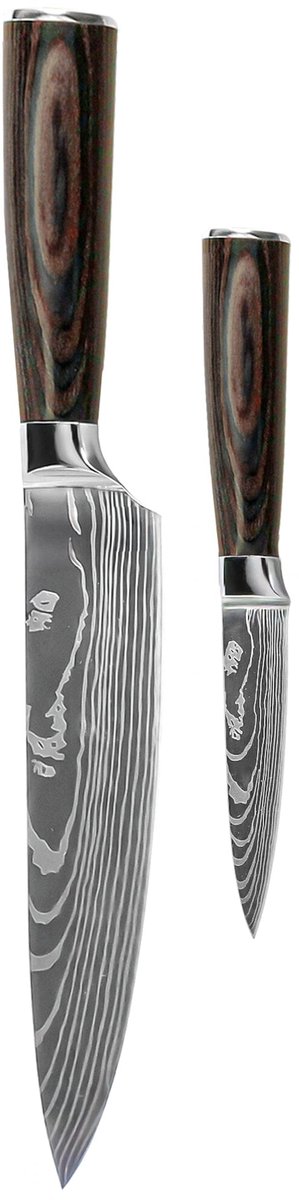 Shinrai Knives - Damascus Print 2-delige Messenset - Koksmes + Schilmes - Koksmes - Vleesmes - Hakmes - Broodmes