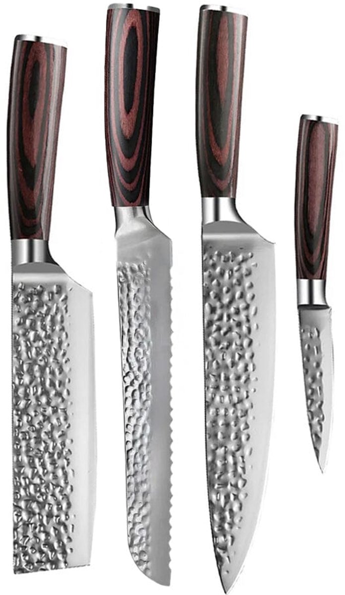Shinrai Knives - Hammered RVS 4-delige Messenset - Koksmes + Broodmes + Nakiri + Schilmes