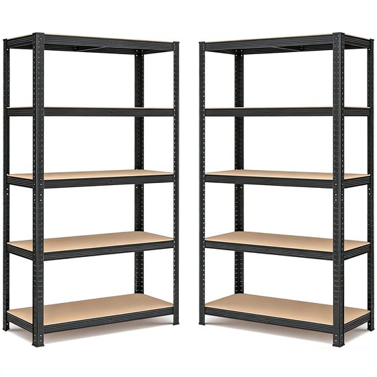 Étagère en acier lourd 5 niveaux, ensemble de 2, 180×90×40cm, noir, assemblage sans vis, divisible et réglable, capacité de charge élevée 175 kg par étagère, anti-basculement, idéal pour garage, entrepôt et cave
