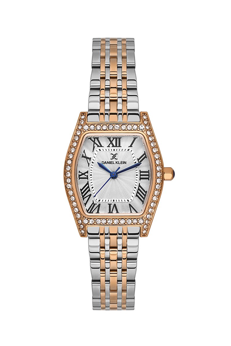 Daniel Klein DK.1.14106-6 - Horloge - Polshorloge - Analoog - Dames - Vrouwen - Ovaal - Stalen band - Metaal - Romeinse cijfers - Strepen - Briljant - Bolletjes - Zilverkleurig - Rosékleurig - Wit - Zwart - Donkerblauw