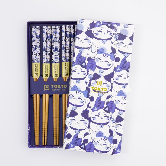 Chopstick eetstokjes Giftset/5 Blue Lucky Cat 33522 1/100 Tokyo Design Studio