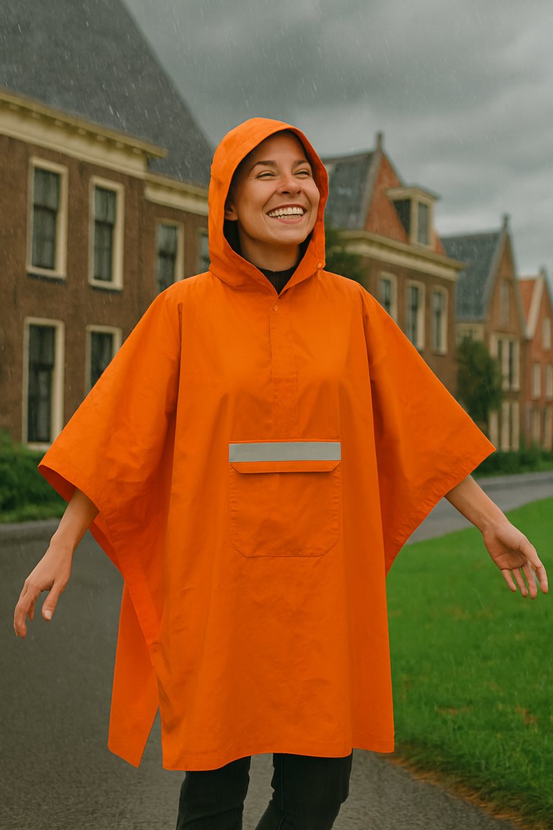 NatuurGenoot® Regenponcho - Fietsponcho Dames&Heren- Regenjas met reflecterende strips - Regenpak Waterdicht- Hood en Snap- Orange-koningsdag