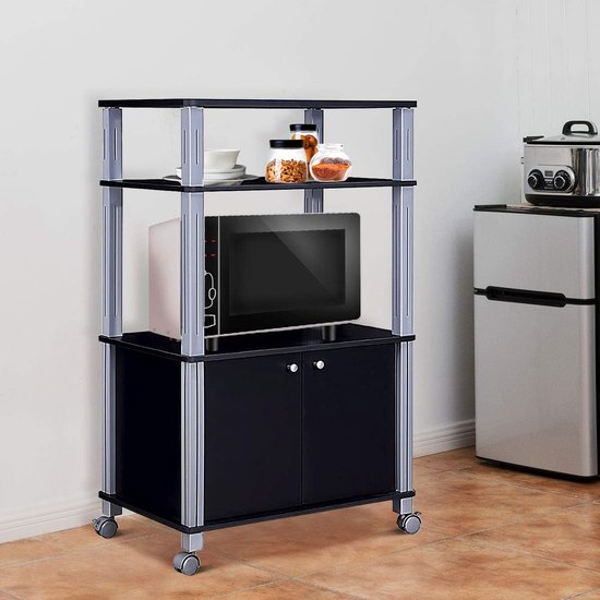 NETEL Verstelbaar magnetronrek, 2-traps, staand rek voor magnetron, keukenrek, staand voor werkblad, bakkersrekken, keukenrek met bekerhouder en mand, zwart, uittrekbaar 40-60 cm