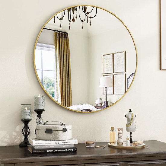Koonmi 50 cm ronde spiegel gouden wandspiegel met geborsteld metalen frame voor badkamer, wastafel, woonkamer, slaapkamer, entree wanddecoratie