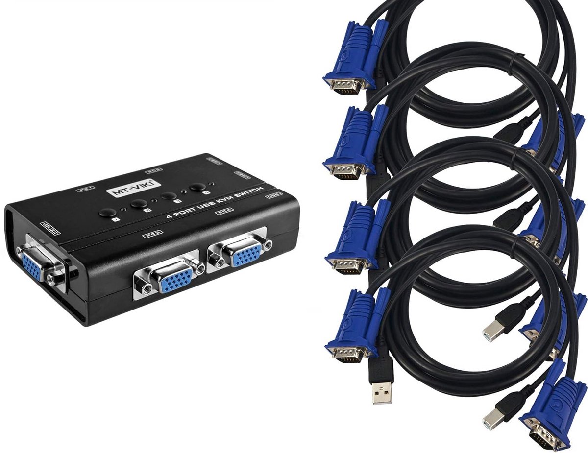 KVM Switch voor 4 PC's met VGA, USB Toetsenbord en Muis Aansluiting