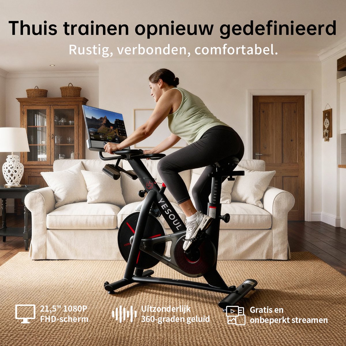 YESOUL G1M Plus Hometrainer, ergometer, stille indoor fitnessbike voor cardiotraining met nieuw 21,5 inch FHD-scherm, magnetische weerstand, 360°-geluid en schermspiegeling