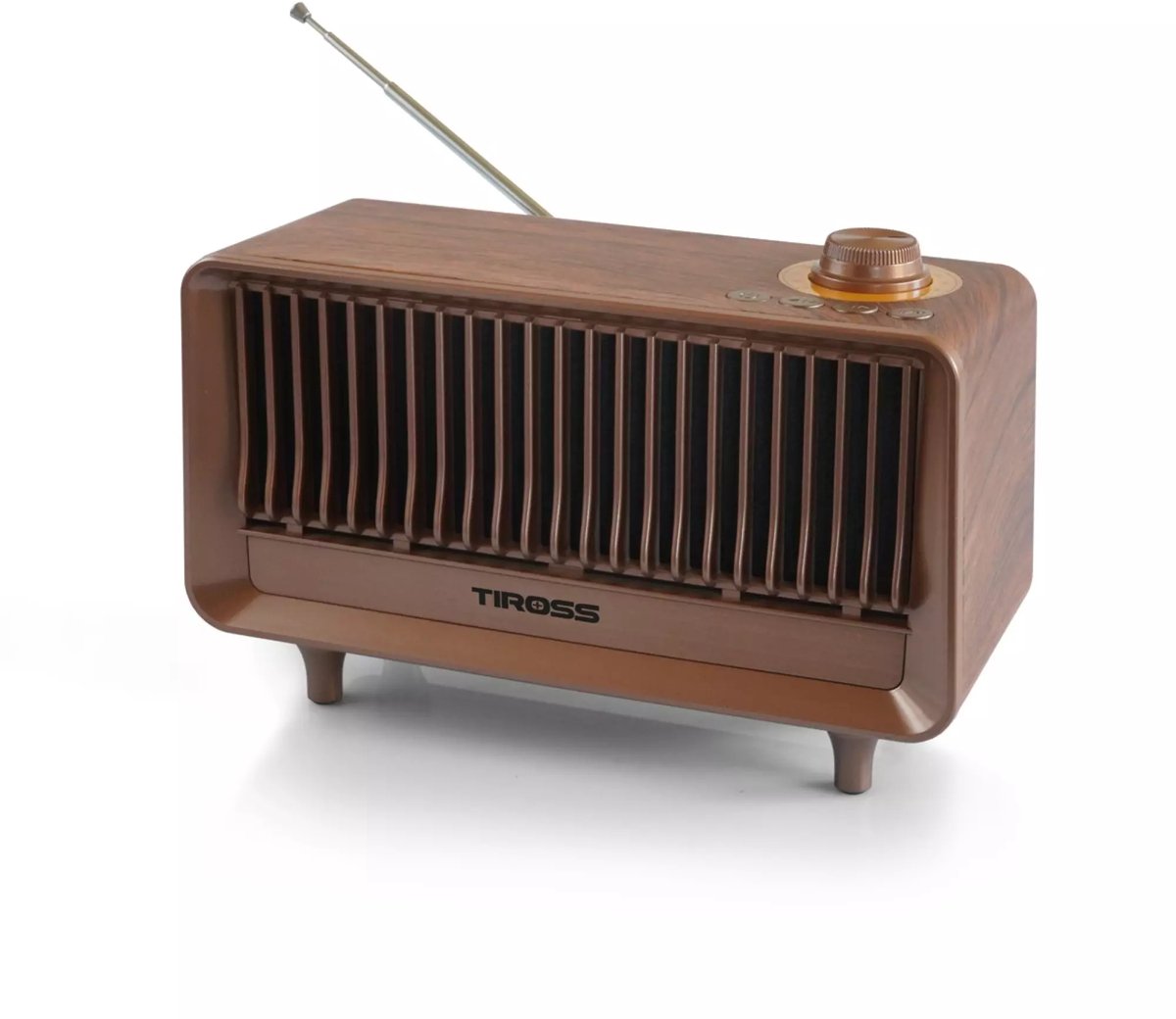 TIROSS Draagbare noodradio met fm, bluetooth, usb en accu in compacte houtlook behuizing