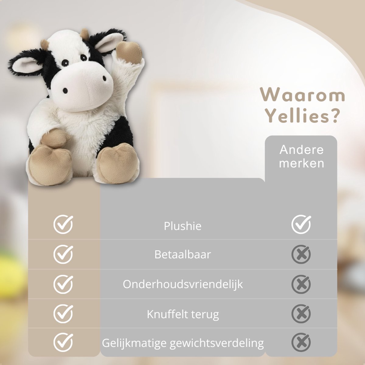 Yellies Verzwaringsknuffel Koe - Verzwaarde Knuffel - Weighted Stuffed Animal - Sensorisch Speelgoed - Zware Knuffel Anxiety - Plushie - 45cm/2kg — afbeelding 7