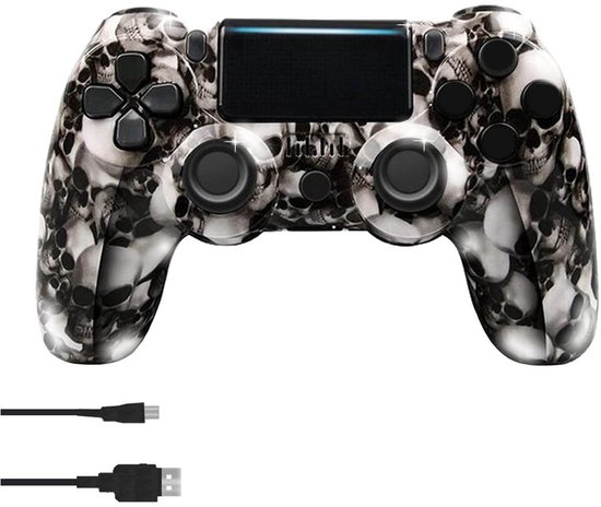 Gamepad met all-over schedelprint, met USB-oplaadkabel.