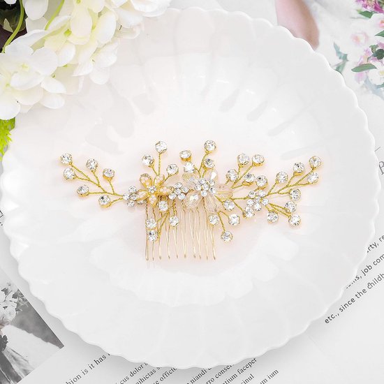 IYOU Haarkam voor bruid, bruiloft, goud, glanzend, kristal