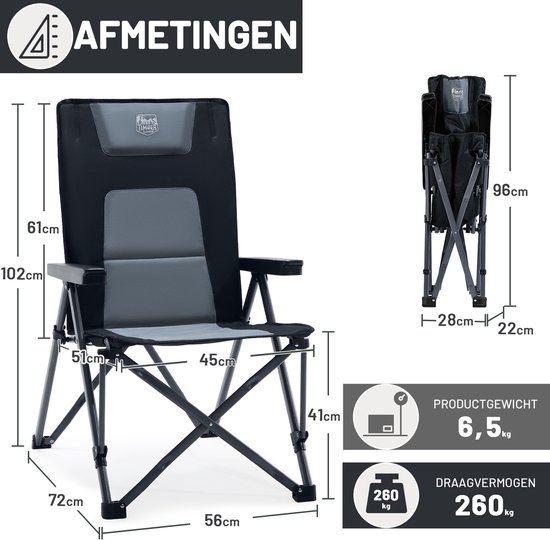 TIMBER RIDGE 2 Stuks Campingstoelen - Opvouwbaar - 4 Verstelbare Standen - 260 KG draagvermogen - Vouwstoel - Visstoel - Zwart van Merkloos — afbeelding 3