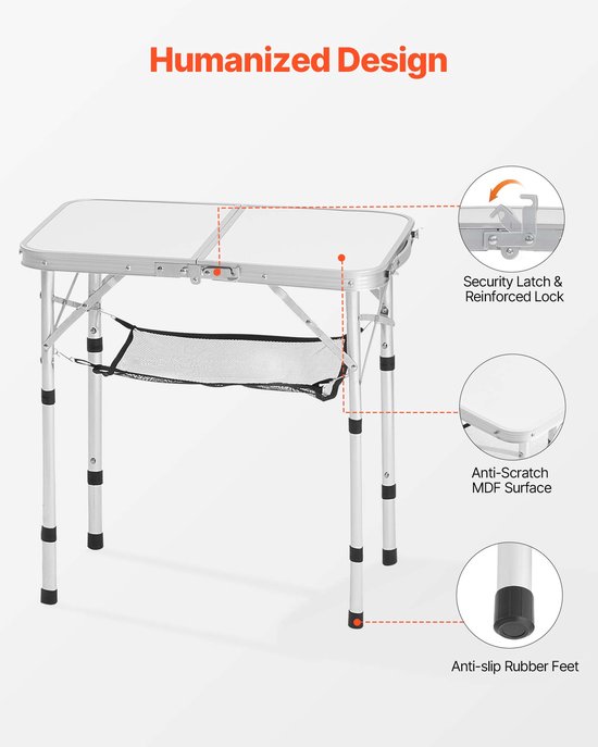 Opvouwbare kampeertafel, in hoogte verstelbare draagbare bijzettafel, aluminium MDF-buitentafel met gaasplank, draaggreep, lichtgewicht en compact voor picknicks, barbecues en koken, 61 x 41 cm, zilverkleurig — afbeelding 4