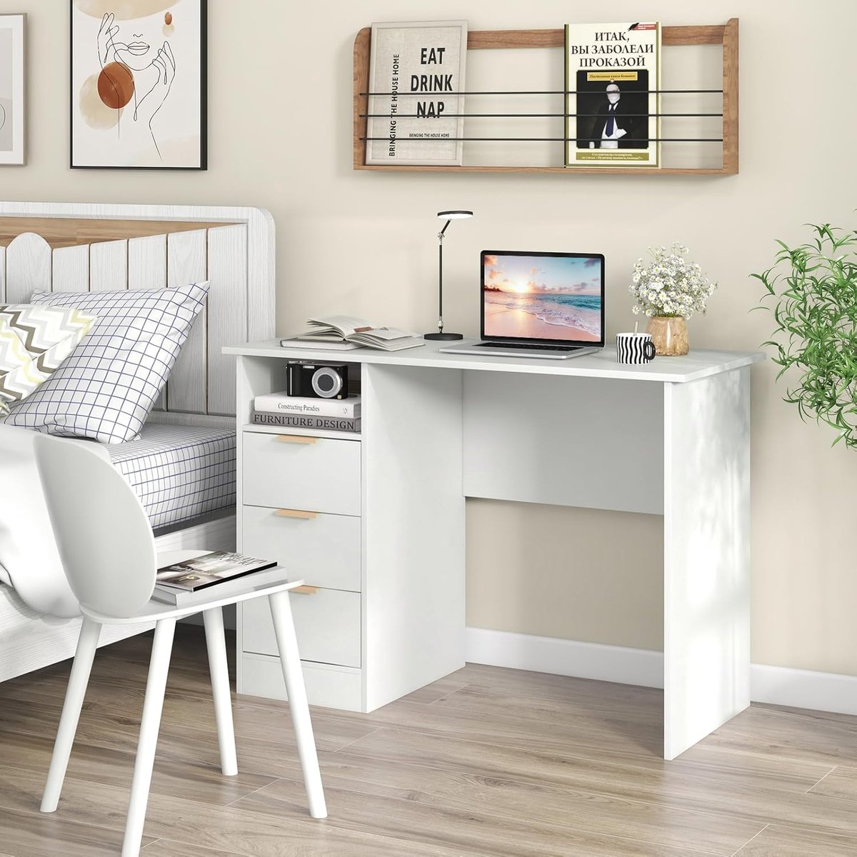 COSTWAY Bureau met 3 laden en laadstation, kleine computertafel, kinderbureau, moderne bureautafel, pc-tafel voor slaapkamer, werkkamer, kantoor, wit, 108 x 48 x 76 cm thumbnail 4