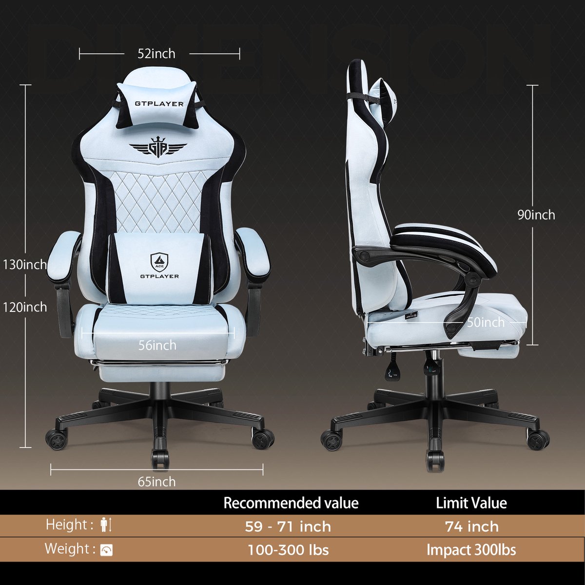 GTPLAYER Gamingstoel Lichtblauw met Lendensteun 150 kg - afbeelding 3