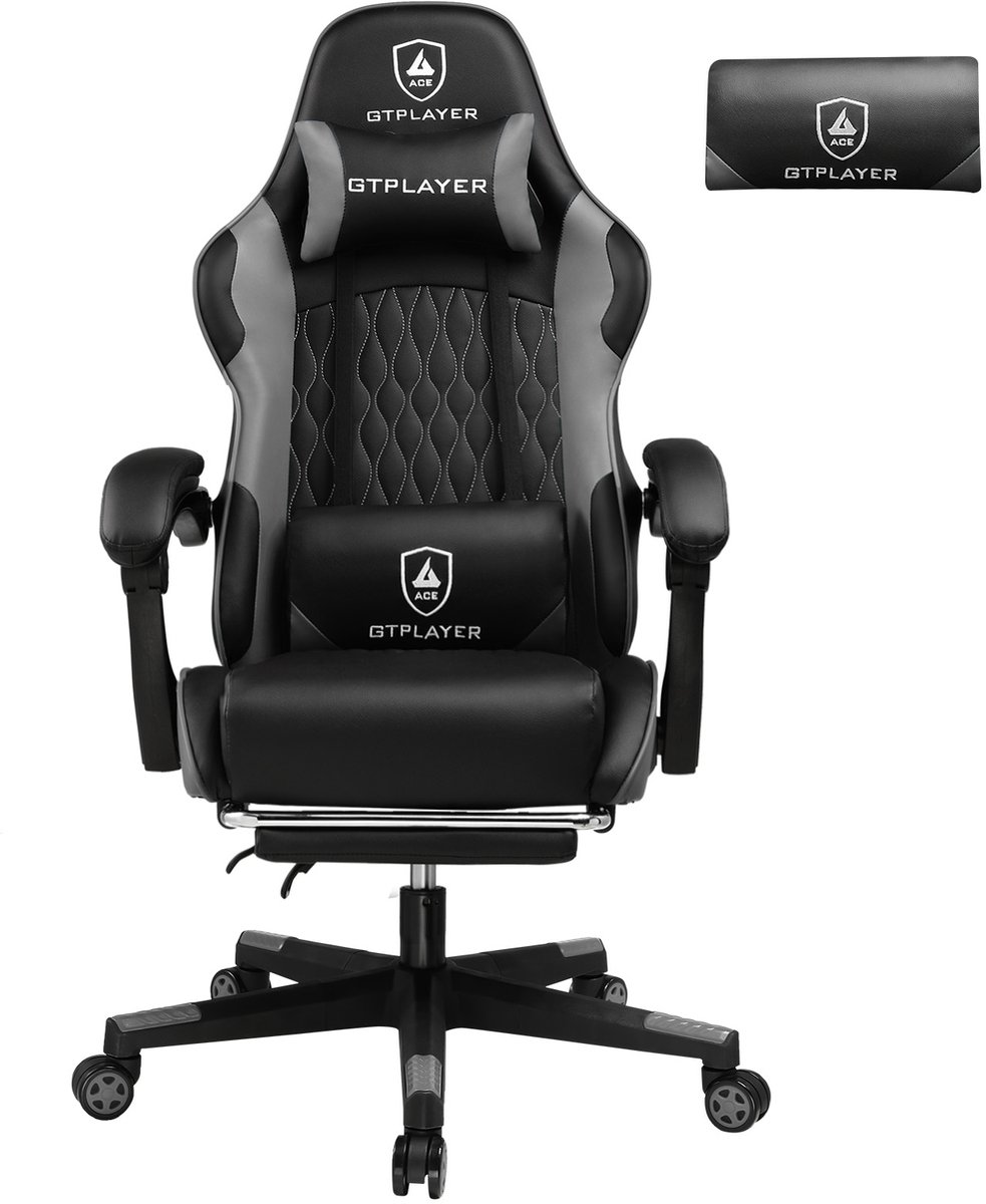 GTPLAYER - Ergonomische Gamingstoel - Met Lendenkussen en Voetensteun - Grijs
