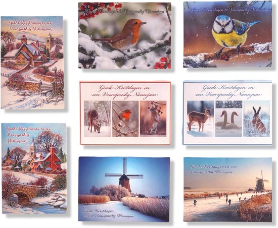 Set kerstkaarten met wintertaferelen: huisjes, vogels, herten, ganzen, konijn, molen.