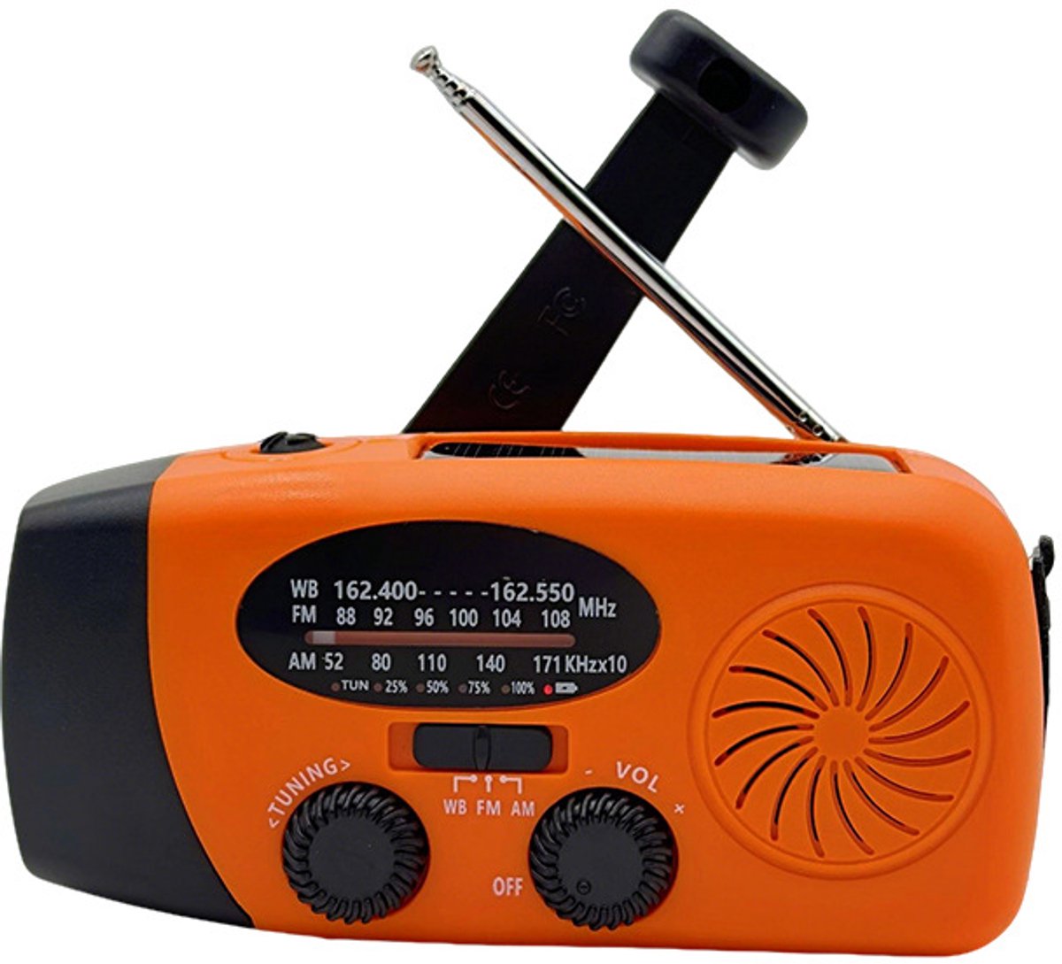 Noodradio met handaandrijving, LED-zaklamp, uitgerust met een powerbank van 2000 mAh en telefoonoplader, USB-oplaadfunctie en zonne-energie, geschikt voor kamperen en noodgevallen (oranje).