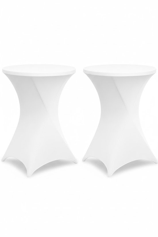 Twee witte statafelrokken met gedraaide vorm, op witte achtergrond.