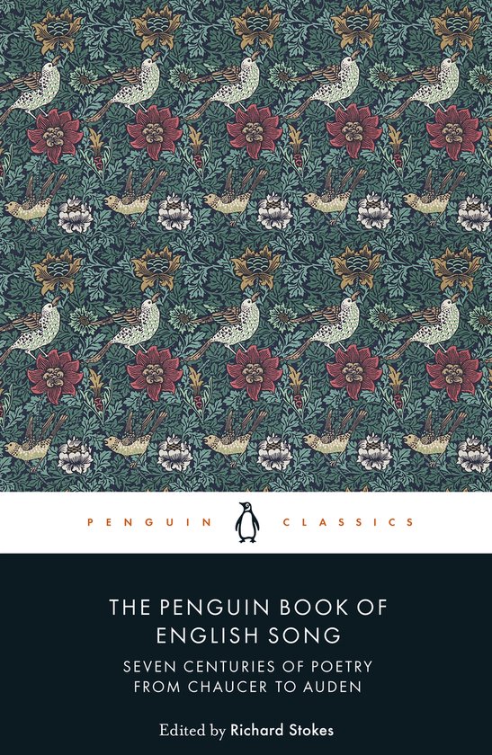 Une couverture de livre vert foncé ornée d'un motif répétitif d'oiseaux, de fleurs et de feuillages.