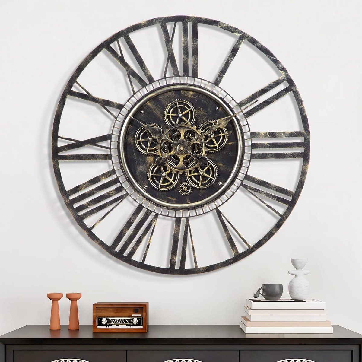 Grote Industriële Wandklok met Zichtbare Tandwielen - Vintage Steampunk Decoratie voor Woonkamer en Kantoor