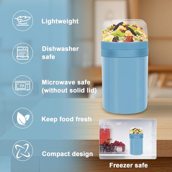 Yoghurt beker to go - Mueslibeker 2-in-1 520ml + 250ml - Dubbellaagse Lekvrije Beker - Met Lepel En Isolatie - Voor School Werk Reizen Ontbijt En Lunch - Blauwe Herbruikbare Lunchbeker - Handig Voor Onderweg - Vaatwasserbestendig — afbeelding 3