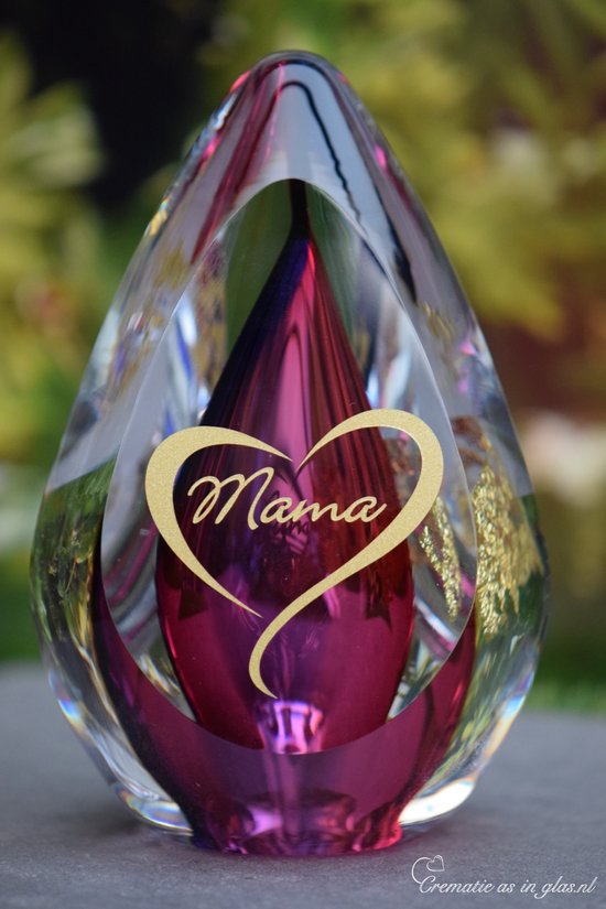 Urn van kristalglas – design urn met roze-paarse askamer en gratis vlinder-inhoud 100 ml