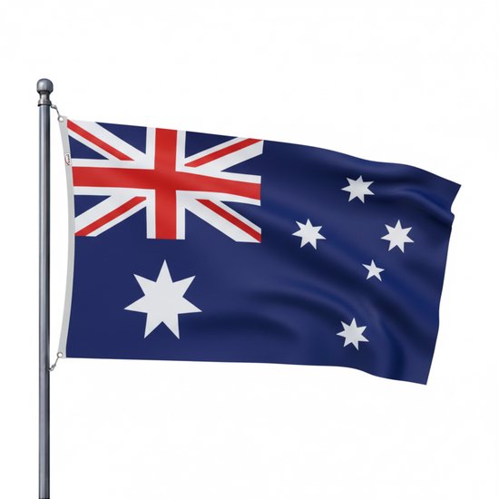 Australische vlag met de Union Jack en Ster van het Zuiderkruis op een blauwe achtergrond, wapperend aan een paal.