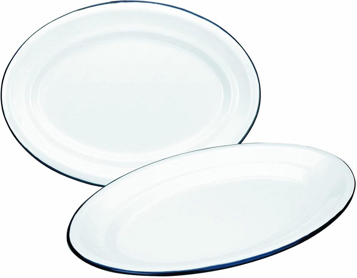 Ovale Schaal 30x20 cm Geëmailleerd Staal Wit/Blauw - Ideaal voor Serveren of Bakken