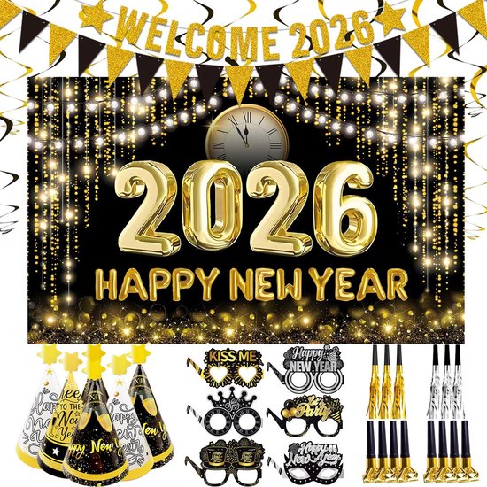 PartyYaa Nieuwjaarsbanner, 2026 oudejaarsdecoratie, feeststof