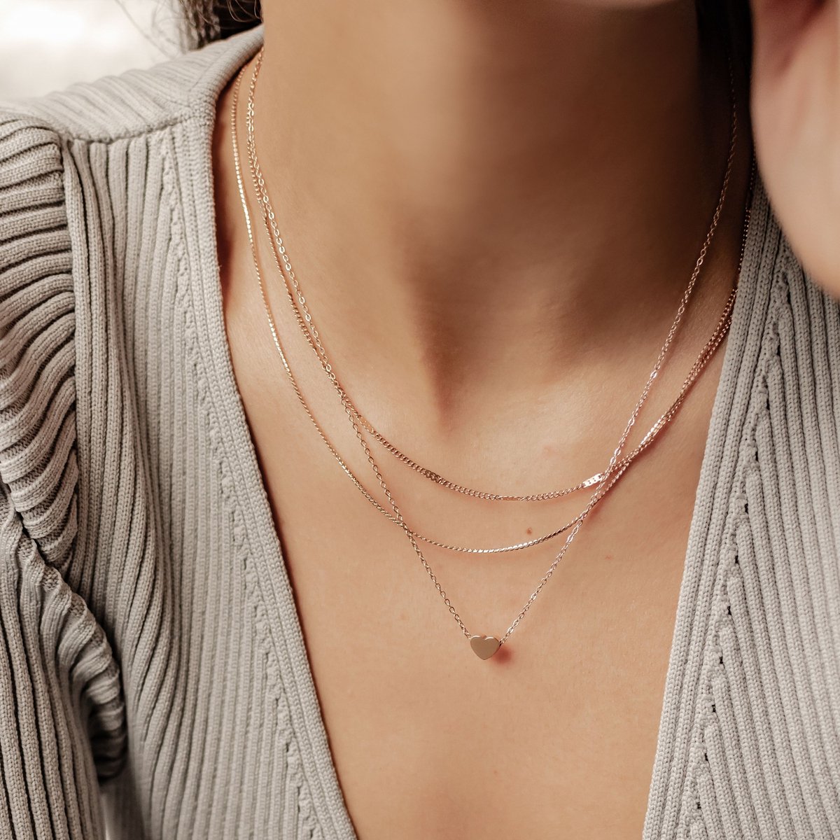 Hey Happiness Amore Layer Ketting Set van 2 Dames – Roestvrij Staal 18K Verguld – Delicate Hart Hanger – Verstelbaar – Roségoud