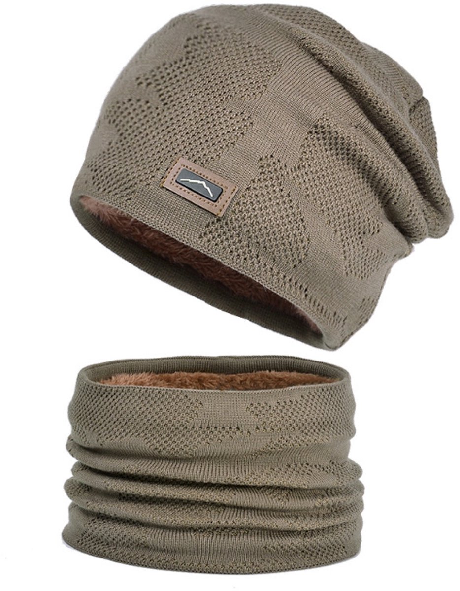 Muts, en Nekwarmer Set, Heren Dames, Beanie, Ski Muts, Dubbele Lagen Colsjaal, Unisex, One Size –Khaki