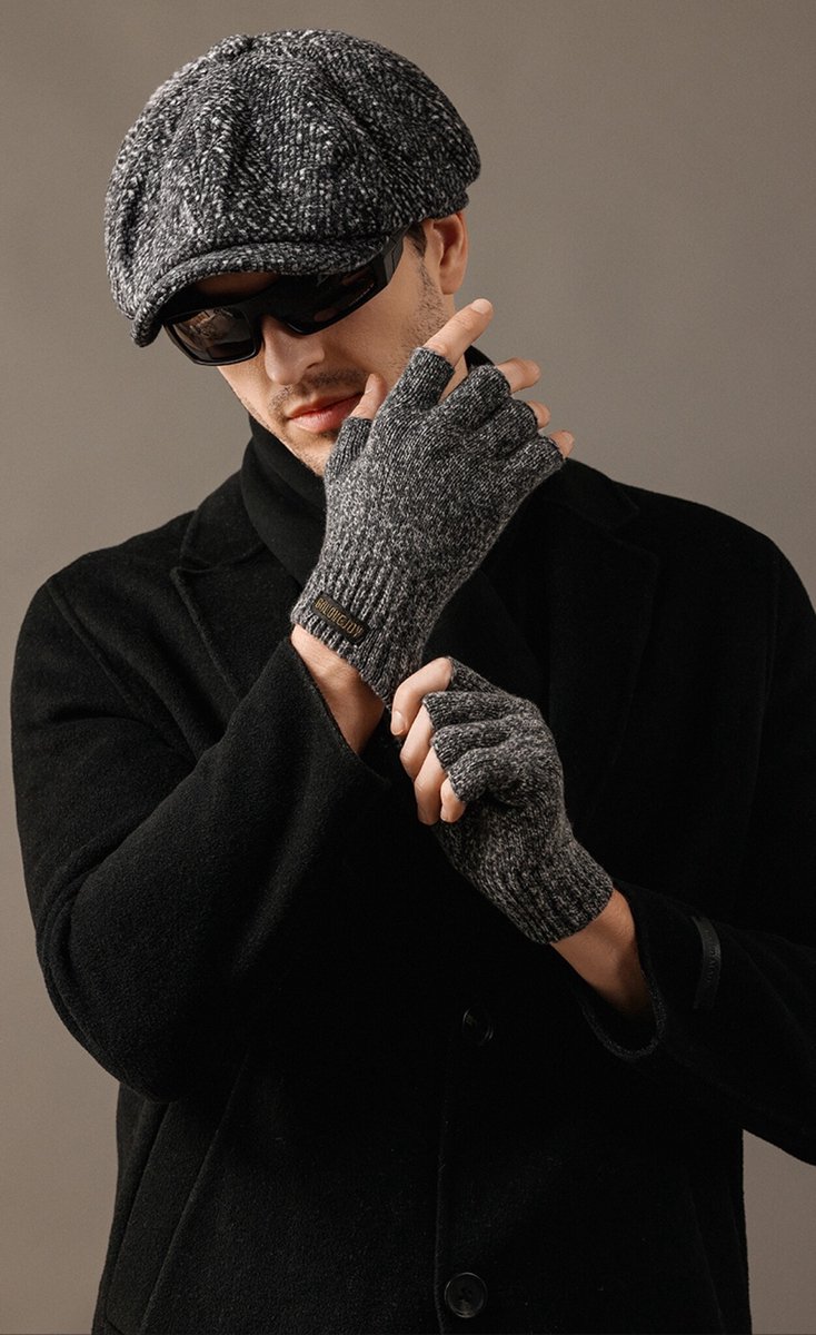 Handschoenen Heren, 50% Wol, 50% Acryl, Size XL, Open Vingertoppen Handschoen voor Typen & Rijden - Zwart