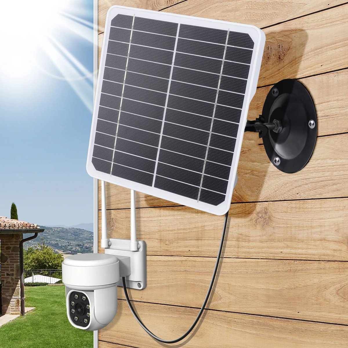 Zonnepaneel voor Beveiligingscamera, 20W 5V Zonnepaneel Geschikt met Oplaadbare Batterijcamera, Buiten IP68 USB waterdicht Zonnepaneeloplader met Verstelbare Houder