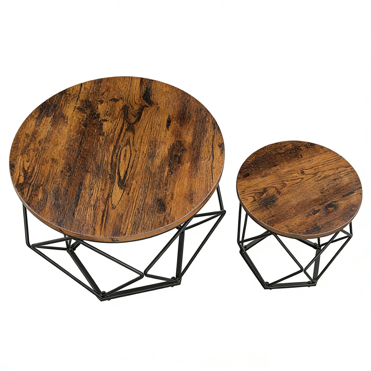Salontafel 2-delig, bijzettafel, koffietafel, nachtkastje, stevig en duurzaam met geometrische metalen onderstellen, geschikt voor woonkamer en slaapkamer, 50 x 50 x 40 cm + 40 x 40 x 36 cm, bruin + zwart.