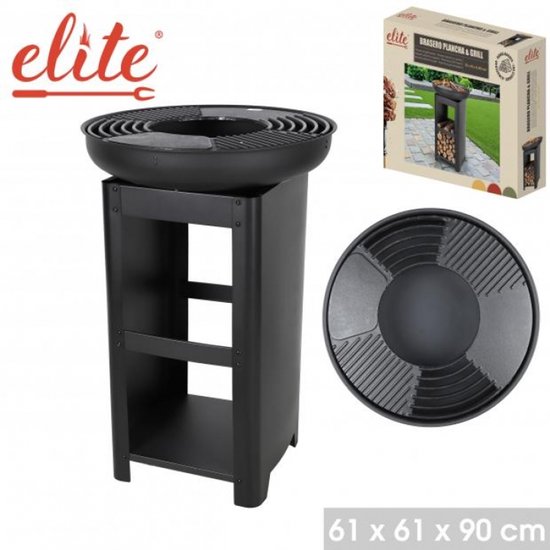 ELITE – Vuurschaal BBQ met plancha ring en houtopslag – Ø61 x H90 cm – Houtskool & hout barbecue – Buitenkeuken