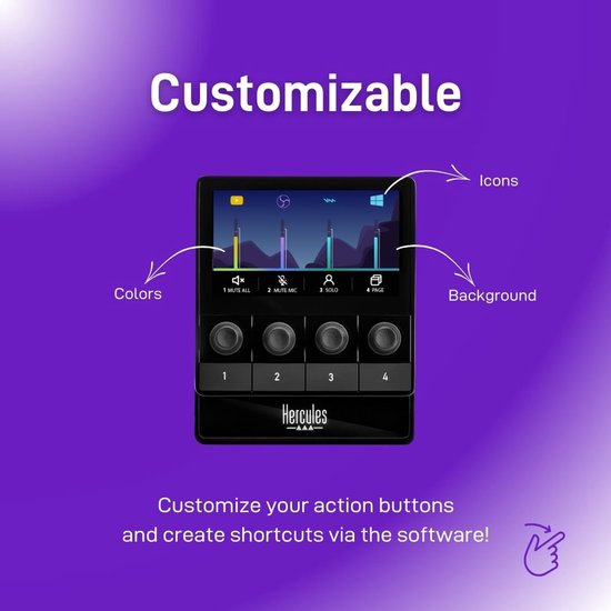 Zwarte Hercules Stream 100 met instelbare kleuren, iconen en achtergrond op het 4,3 inch LCD-scherm.