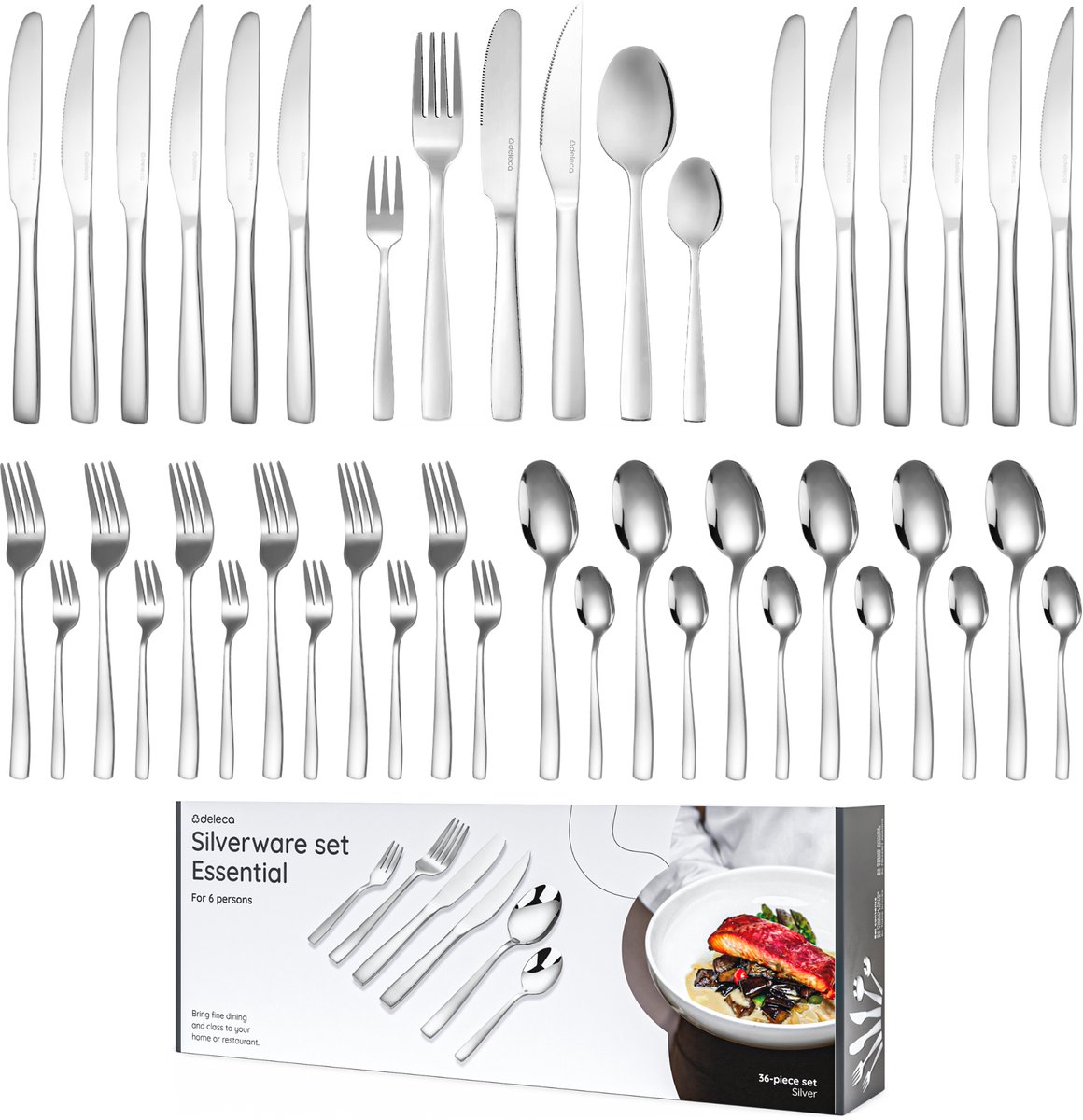 Bol.com Deleca 6 Persoons Bestekset Essential (36-delig) - Lepels, Messen, Vorken, Steakmessen & Gebaksvorkjes - Vaatwasserbeste... aanbieding
