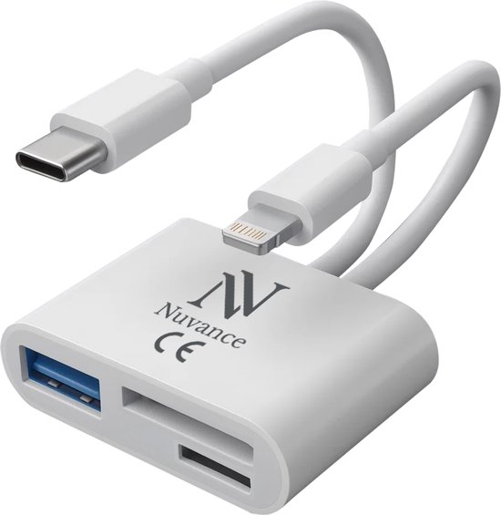 Nuvance SD Kaart Lezer - 3 in 1 - Micro SD Kaart - USB naar USB C - 8-Pin - Geschikt voor alle Telefoons, Tablets & Laptops