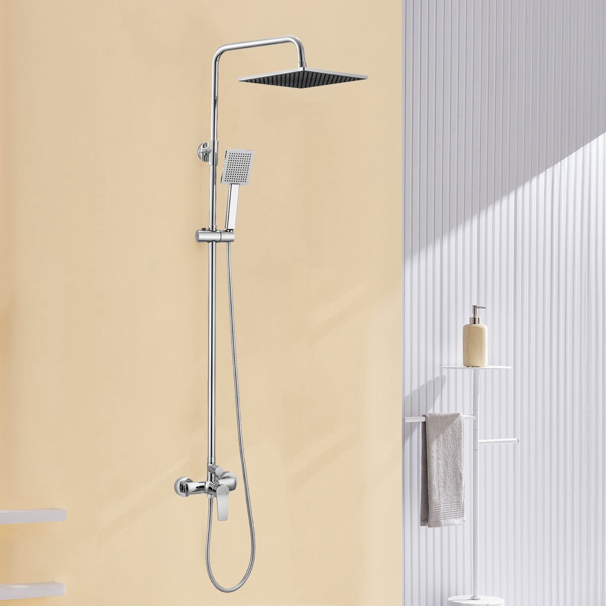 Auralum max Douchesysteem - Regendouche Set - Douchekolom - Vierkante Douchekop 25.4cm - Verstelbare Hoogte 93-130cm - Waterbesparend - Douche Set - Chroom