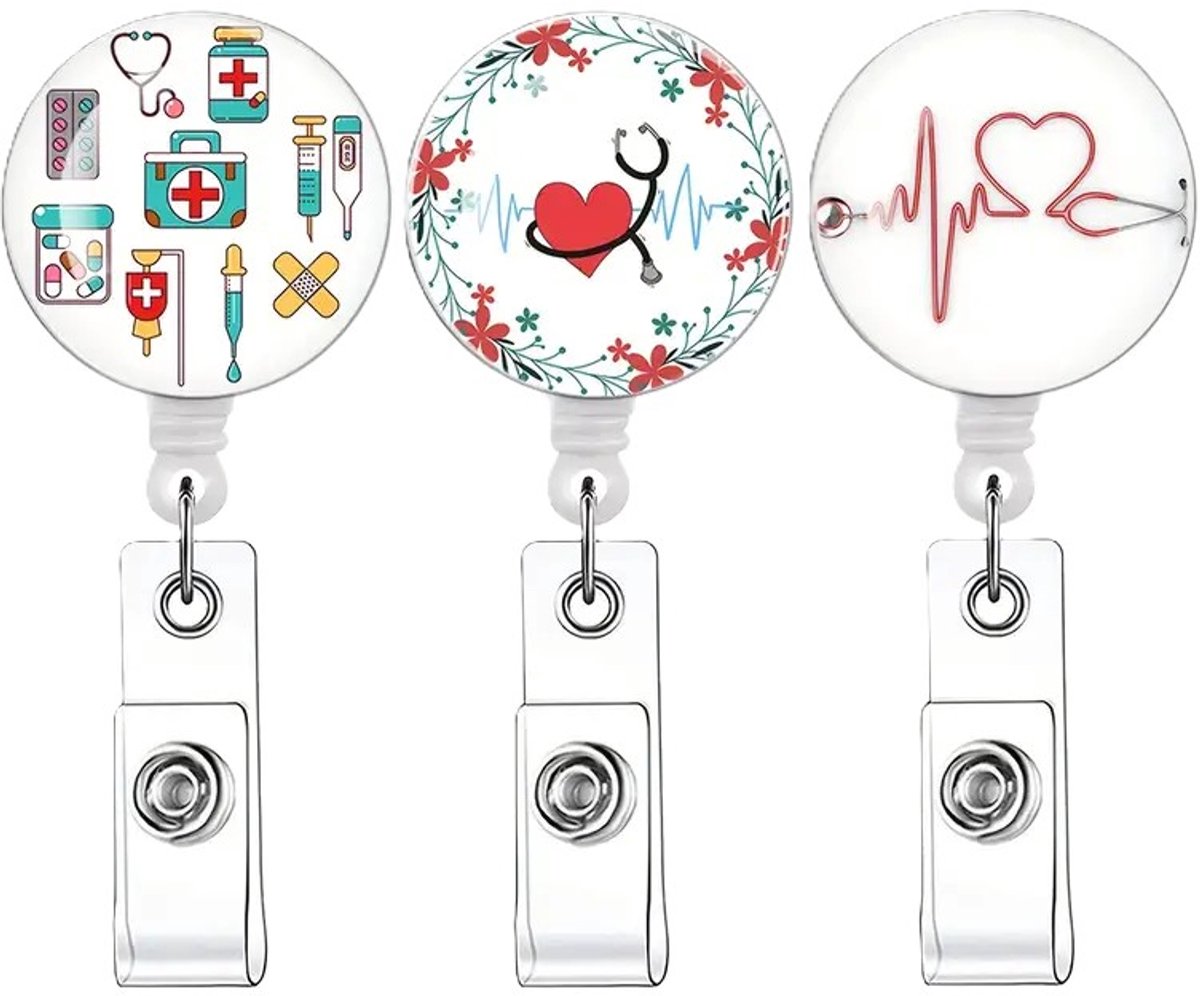 Mj Joys® - Badgehouder met trekkoord - 3-delige Set - Uitschuifbare Badgehouders met Clip - Badge Houder - Badgehouder met afrolmechanisme - Badge - Badge houder verpleegkundige