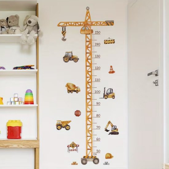 Toise 'Grue de Construction' - 53x133cm - Muursticker - Chambre de Bébé - Chambre d'Enfant - PVC Auto-adhésif - Grue de Levage - Circulation de Construction - Voitures - Construction - Règle de Mesure - Mètre de Hauteur