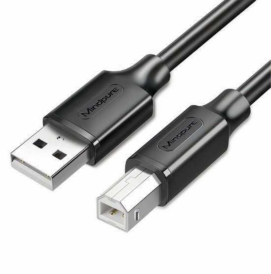 Zwarte USB A naar USB B printerkabel met de tekst "Mindpure" op de connectoren.