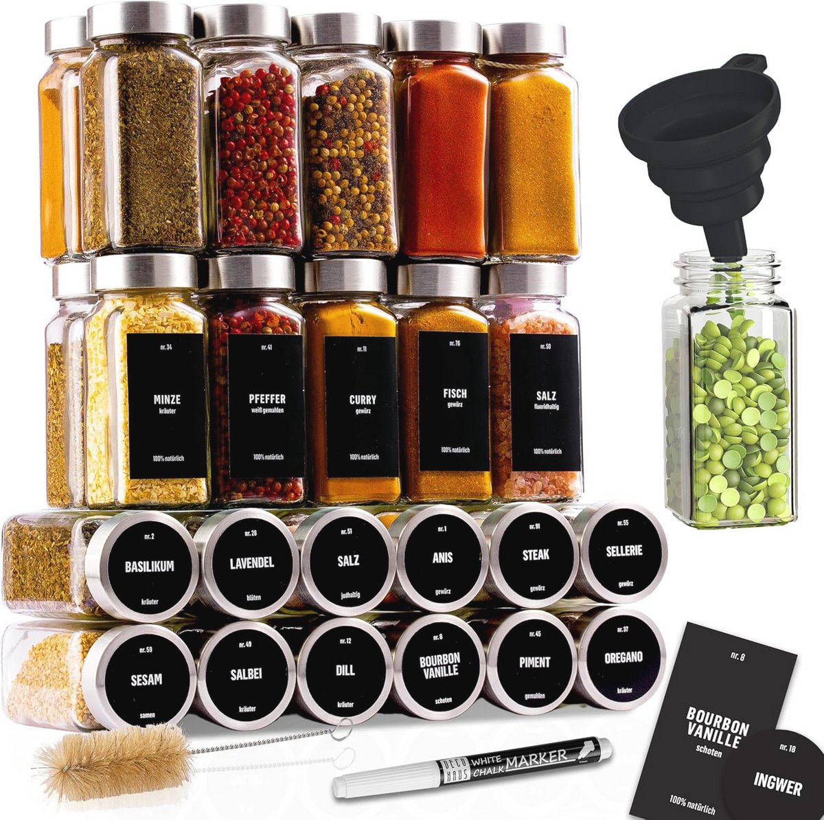 Set van 24 Kruidenspotjes met Label en Trechter - Glazen Opbergpotjes 120ml