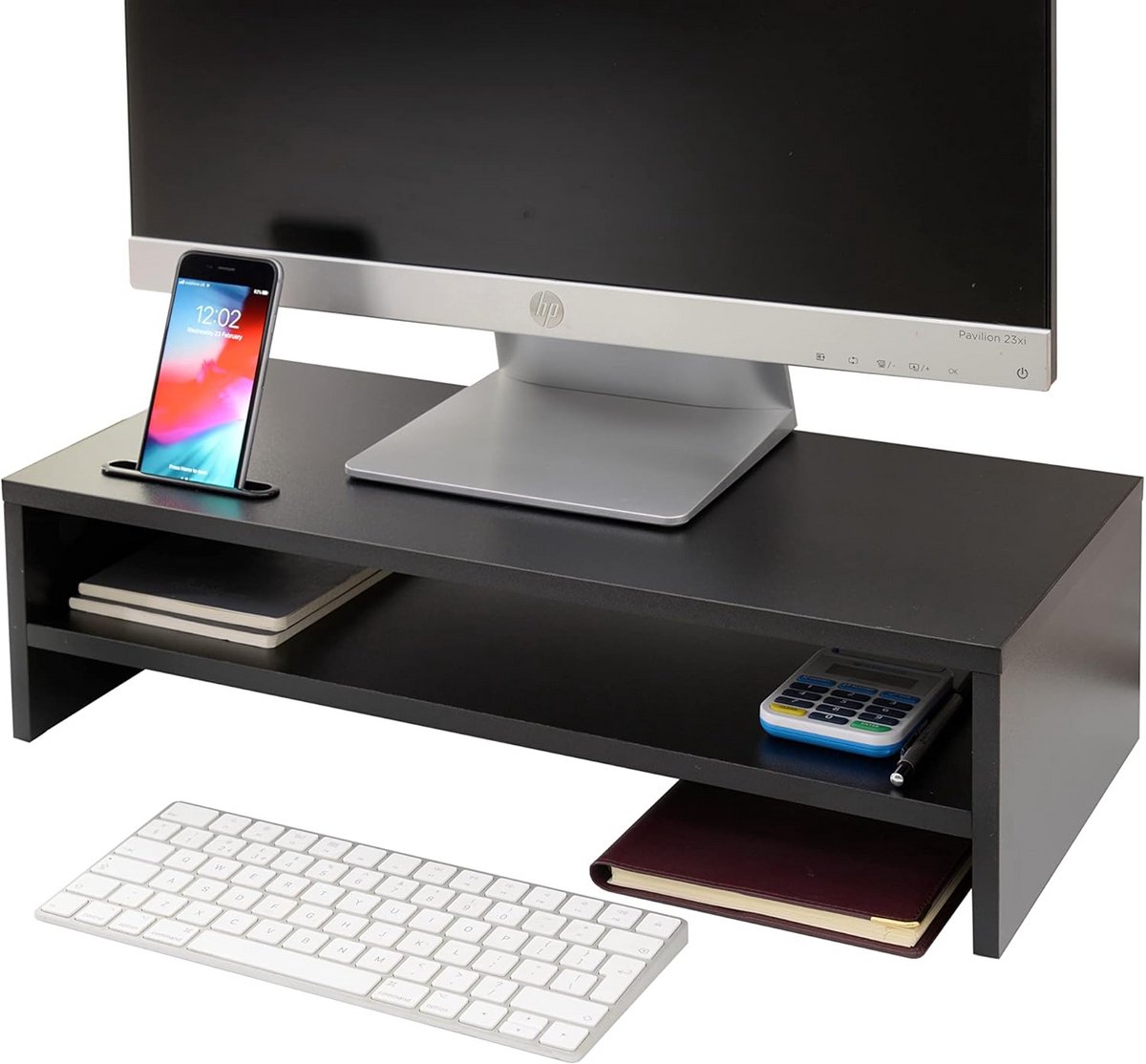 Monitorstandaard met Telefoonhouder - Houten Hoogte Verstelbare Plank - Ruimtebesparend