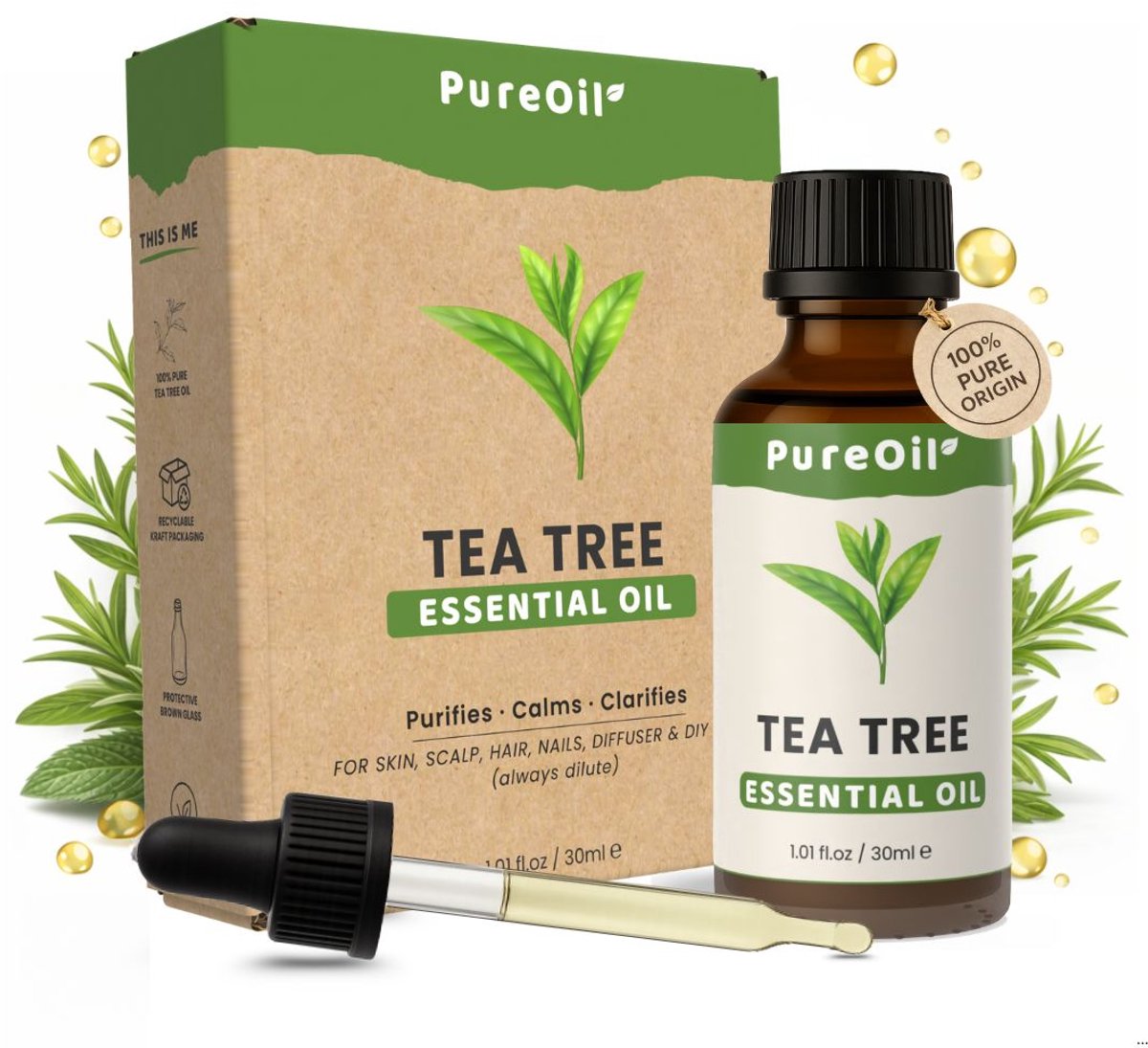 PureOil – Tea Tree Etherische Olie – 30ml – 100% Puur, Natuurlijk & Vegan – Tea Tree Oil Voor Huid | Gezicht | Kalknagels | Scalp | Diffuser | Aromatherapie - Incl. Ebook