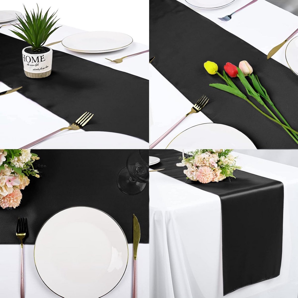 10x Zwarte Satijnen Tafellopers 30x274 cm - Luxe Decoratie voor Bruiloft en Feest