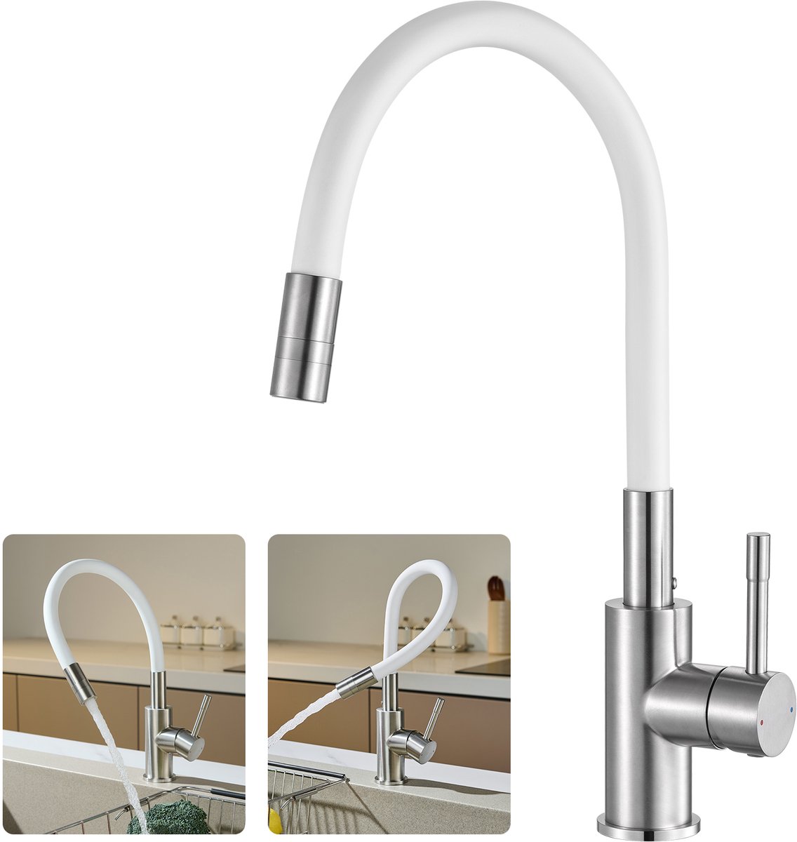 CECIPA MAX Keuken kraan - 360° draaibare keukenkraan - Flexibele Slang - Handdouche Met 2 straalsoorten - Wit