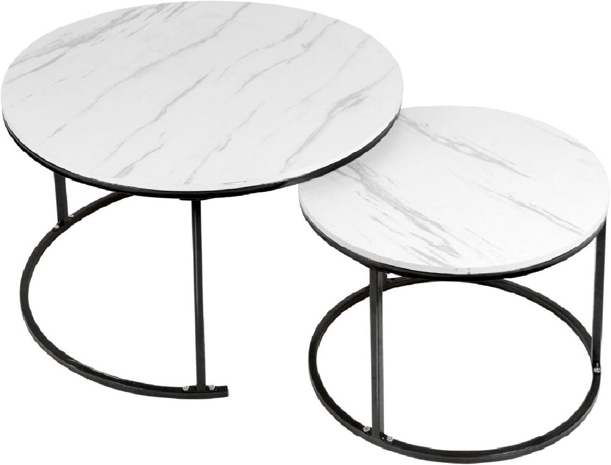 Set van 2 Ronde Salontafels met Marmerlook Tafelblad en Metalen Frame