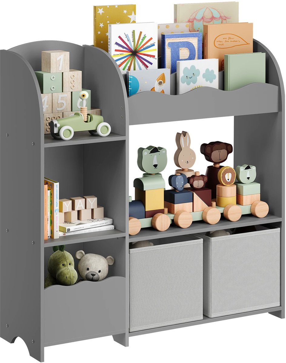 DoneMore® – kinderboekenplank – speelgoedopslag – multifunctioneel – met opbergboxen – duifengrijs – 30 x 93 x 100 cm – 20,2 kg